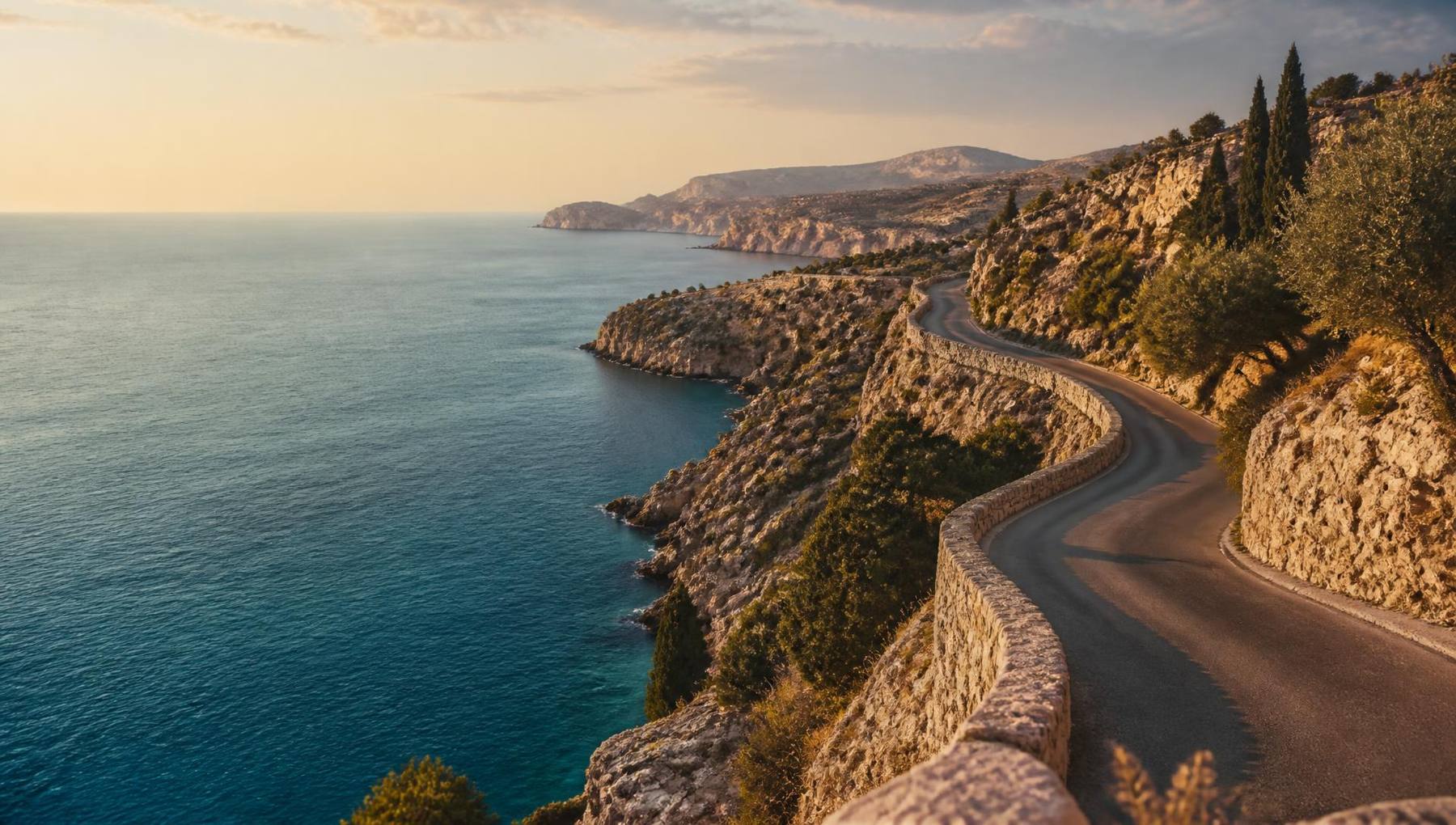 Coastal road above the Aegean on the island of Rhodes at golden hour